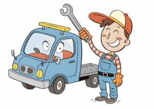 Fumetto di un carro attrezzi con meccanico sorridente